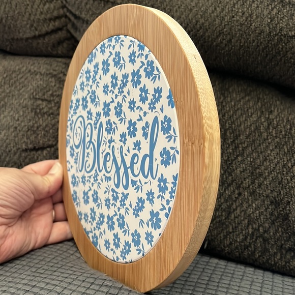 Wooden trivet, Blessed with blue flowers,center is wooden also, 9” - Picture 4 of 4